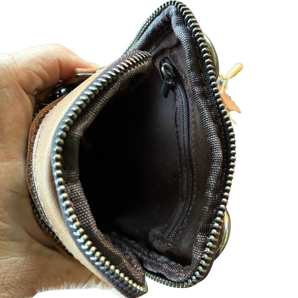 VIVACE Sling Bag: BROWN GENUINE Leather Vertical Small Cross Body/ Belt bag OPEN VIEW
