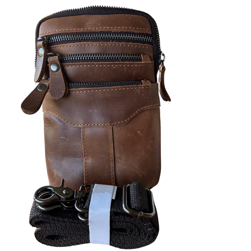 VIVACE Sling Bag: BROWN GENUINE Leather Vertical Small Cross Body/ Belt bag SET VIEW