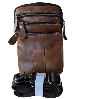 VIVACE Sling Bag: BROWN GENUINE Leather Vertical Small Cross Body/ Belt bag SET VIEW