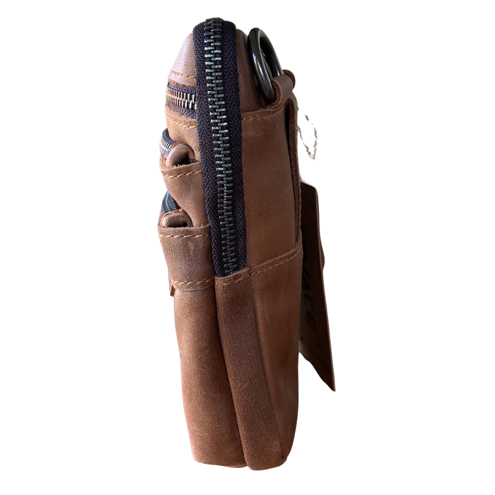 VIVACE Sling Bag: BROWN GENUINE Leather Vertical Small Cross Body/ Belt bag SIDE VIEW