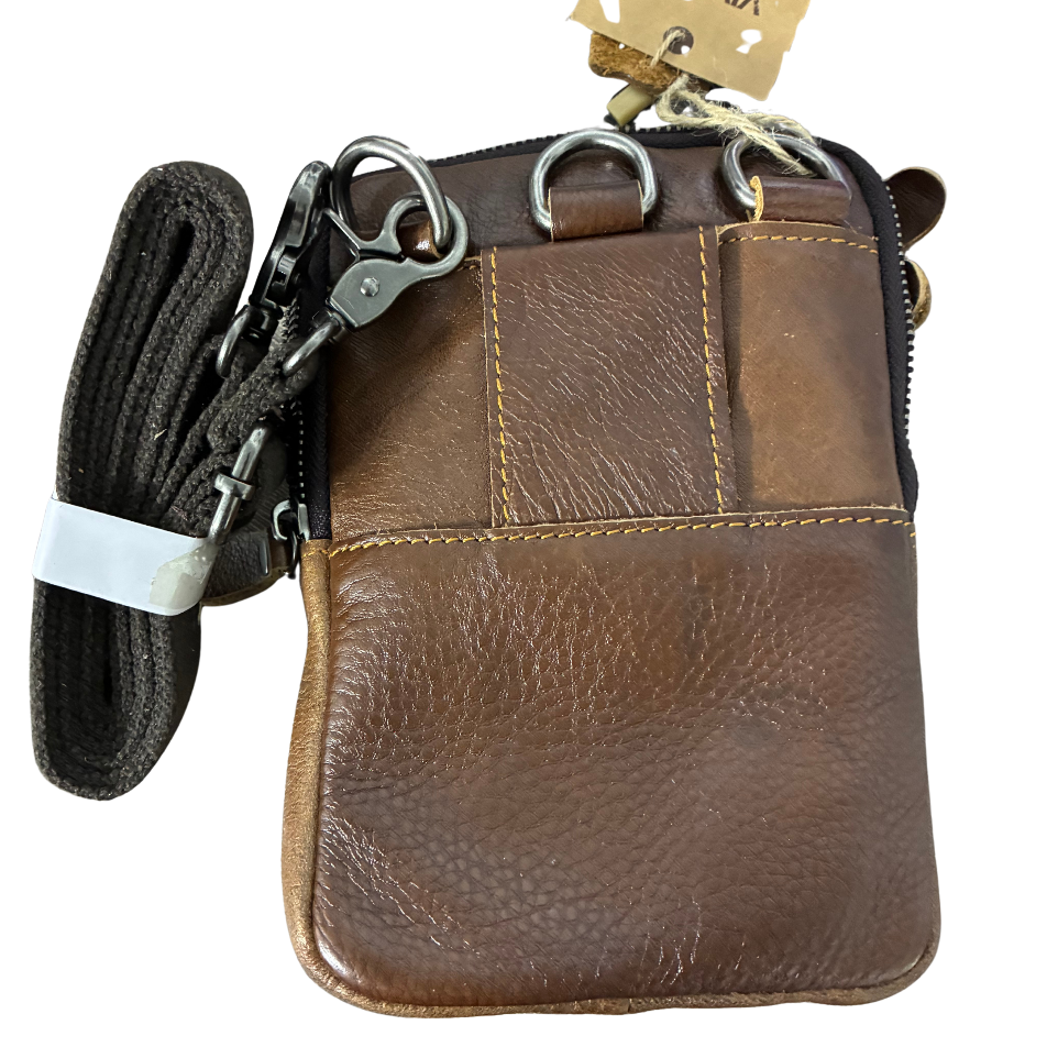VIVACE Sling Bag: COFFEE BROWN GENUINE Leather Cross Body & Belt bag ADJUSTABLE STRAP ATTACHED VIEW