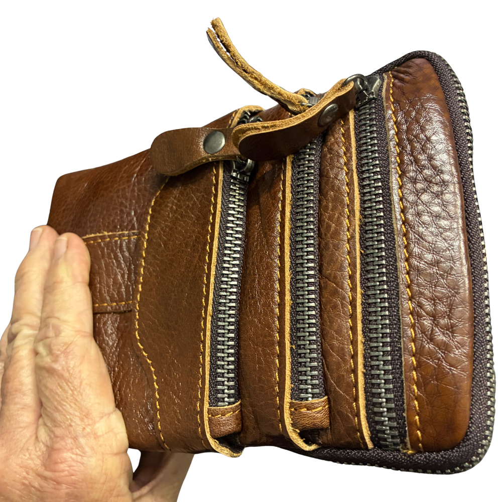 VIVACE Sling Bag: COFFEE BROWN GENUINE Leather Cross Body & Belt bag FRONT 3 ZIPPED POCKETS VIEW