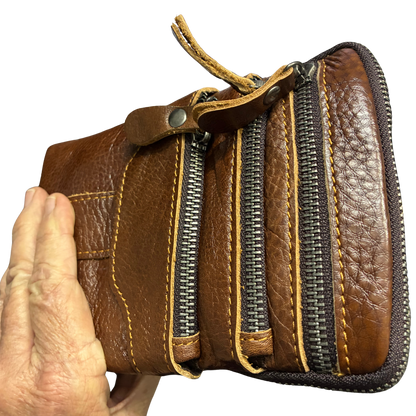 VIVACE Sling Bag: COFFEE BROWN GENUINE Leather Cross Body & Belt bag FRONT 3 ZIPPED POCKETS VIEW