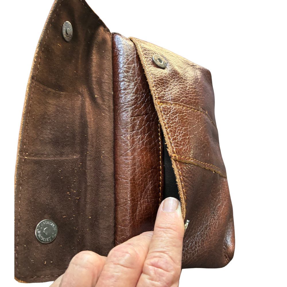 VIVACE Sling Bag: COFFEE BROWN GENUINE Leather Horizontal Small Cross Body/ Belt bag FRONT POCKET OPEN VIEW 