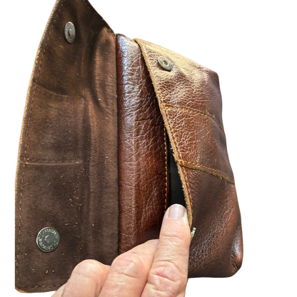 VIVACE Sling Bag: COFFEE BROWN GENUINE Leather Horizontal Small Cross Body/ Belt bag FRONT POCKET OPEN VIEW 