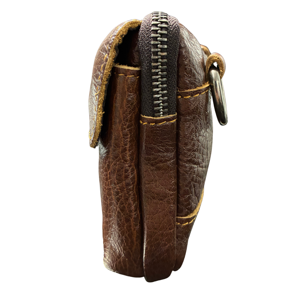 VIVACE Sling Bag: COFFEE BROWN GENUINE Leather Horizontal Small Cross Body/ Belt bag SIDE VIEW 