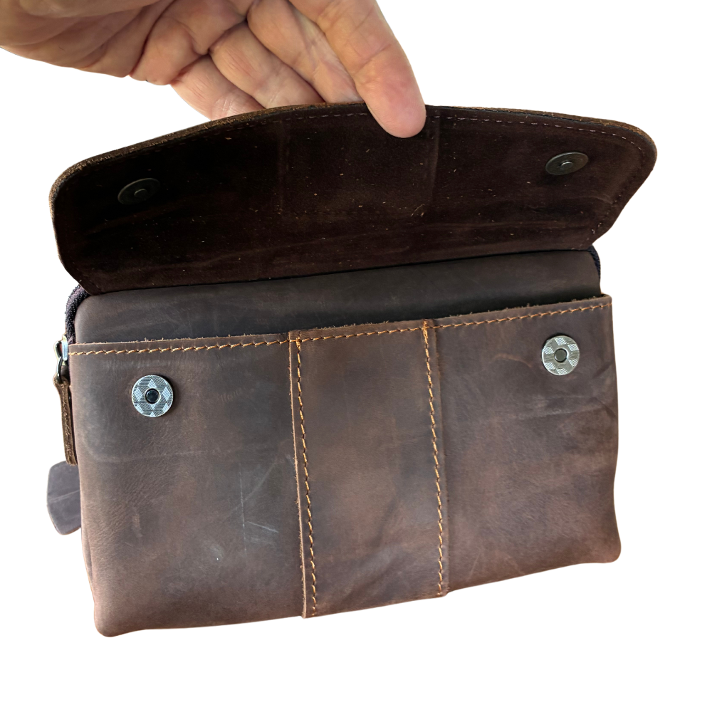 VIVACE Sling Bag: MOCHA BROWN GENUINE Leather Horizontal Small Cross Body/ Belt bag FRONT FLAP OPEN
