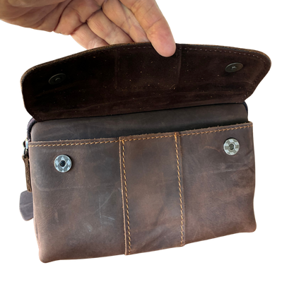 VIVACE Sling Bag: MOCHA BROWN GENUINE Leather Horizontal Small Cross Body/ Belt bag FRONT FLAP OPEN