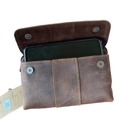 VIVACE Sling Bag: MOCHA BROWN GENUINE Leather Horizontal Small Cross Body/ Belt bag LARGE PHONE IN FRONT POCKET