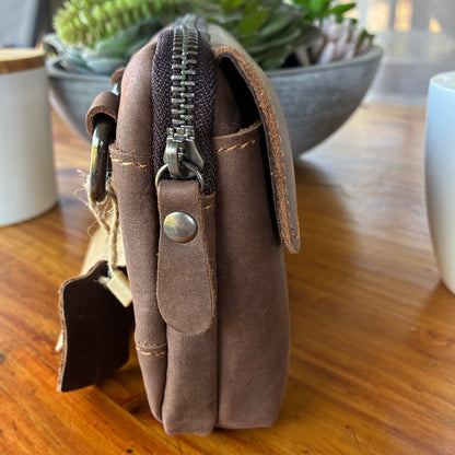 VIVACE Sling Bag: MOCHA BROWN GENUINE Leather Horizontal Small Cross Body/ Belt bag SIDE VIEW