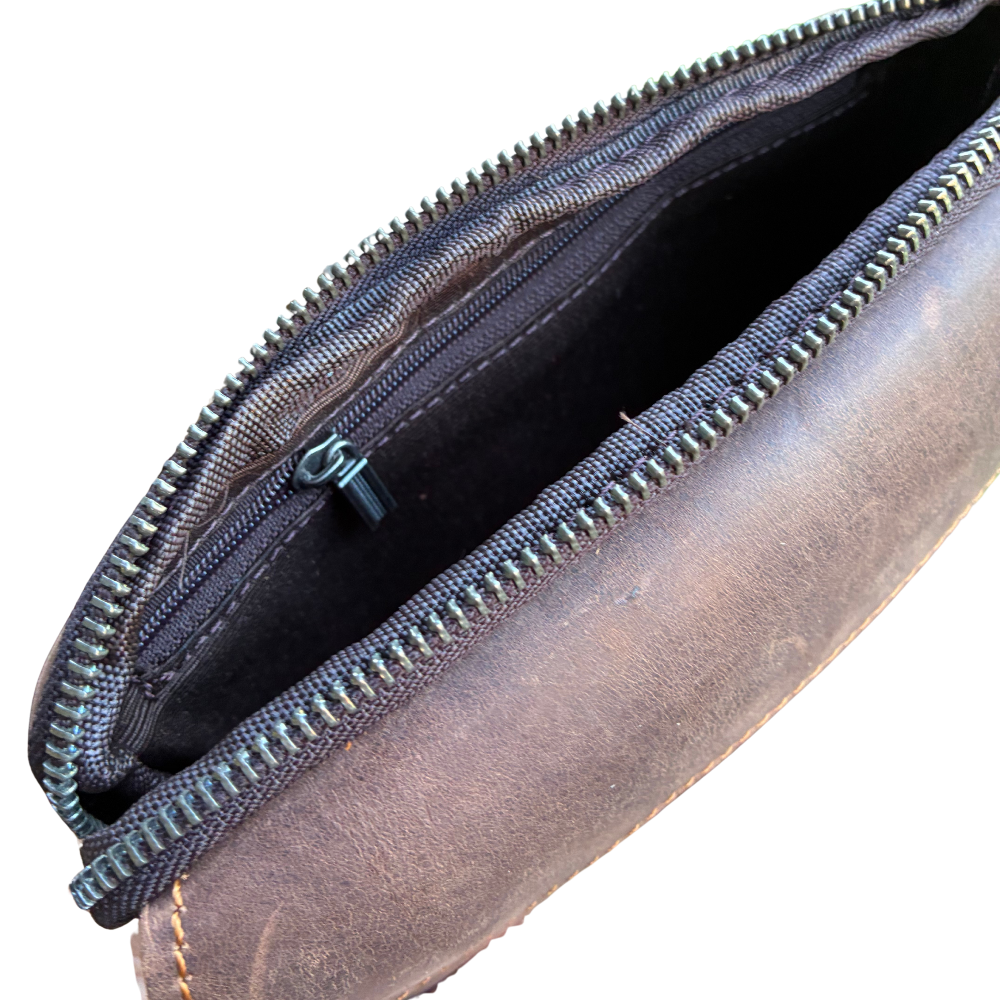 VIVACE Sling Bag: MOCHA BROWN GENUINE Leather Horizontal Small Cross Body/ Belt bag TOP ZIP OPEN VIEW