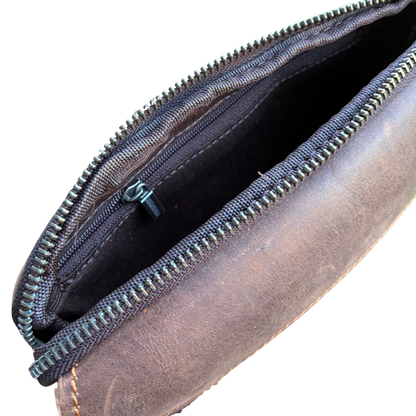 VIVACE Sling Bag: MOCHA BROWN GENUINE Leather Horizontal Small Cross Body/ Belt bag TOP ZIP OPEN VIEW