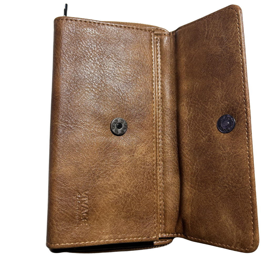 VIVACE Sling Wallet: BROWN PU Leather Horizontal Cellphone Sling OPEN CLIP