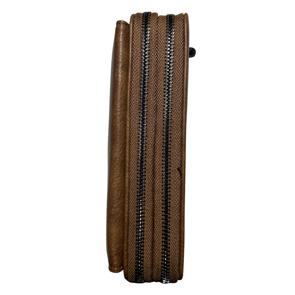 VIVACE Sling Wallet: BROWN PU Leather Horizontal Cellphone Sling ZIPS VIEW