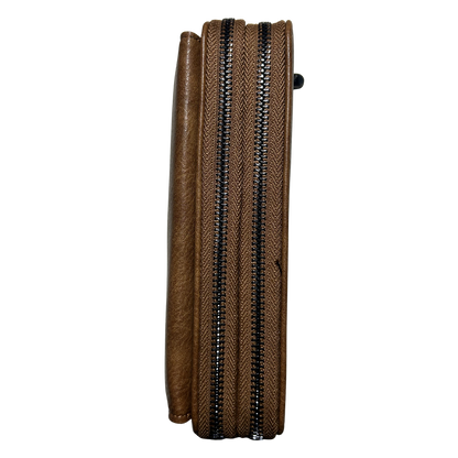 VIVACE Sling Wallet: BROWN PU Leather Horizontal Cellphone Sling ZIPS VIEW