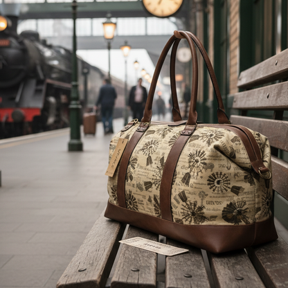 VIVACE TRAVEL BAG: BEIGE CANVAS AND LEATHER OVERNIGHT BAG WITH WINDMILLS