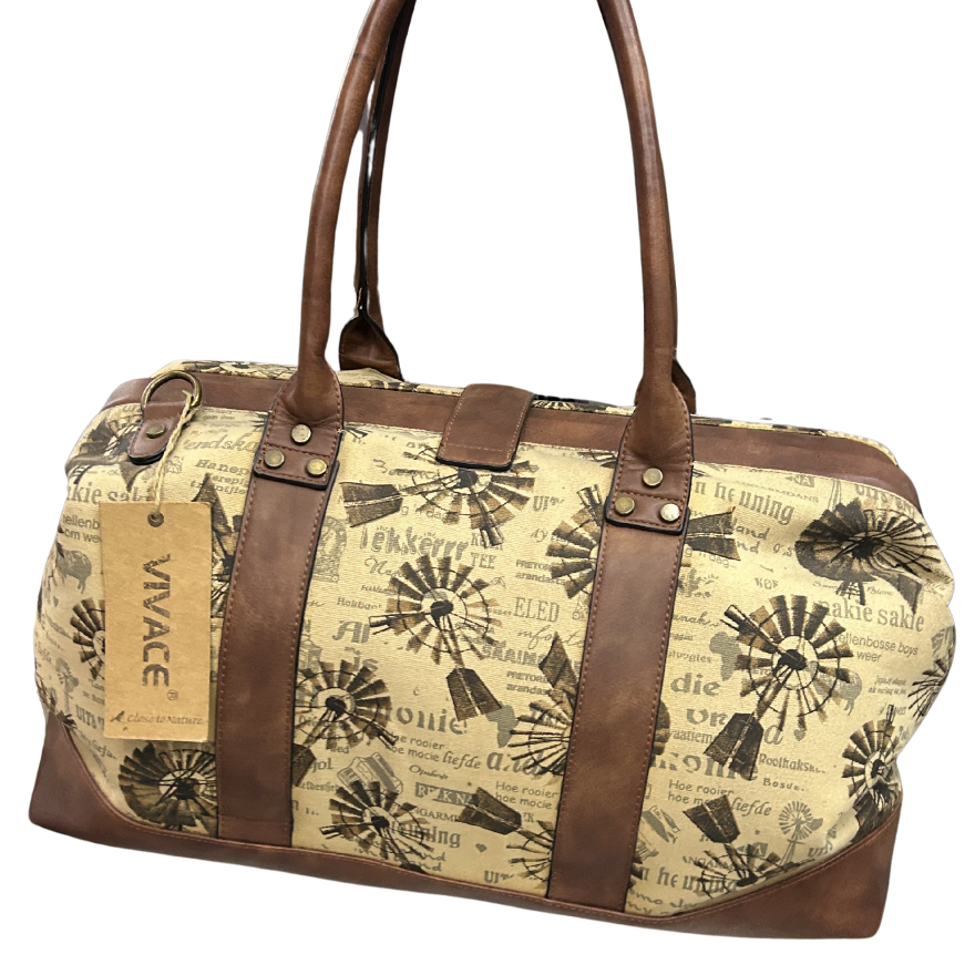 VIVACE TRAVEL BAG: BEIGE CANVAS AND LEATHER OVERNIGHT BAG WITH WINDMILLS BACK