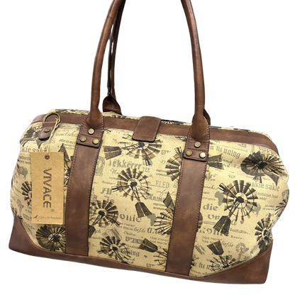 VIVACE TRAVEL BAG: BEIGE CANVAS AND LEATHER OVERNIGHT BAG WITH WINDMILLS BACK
