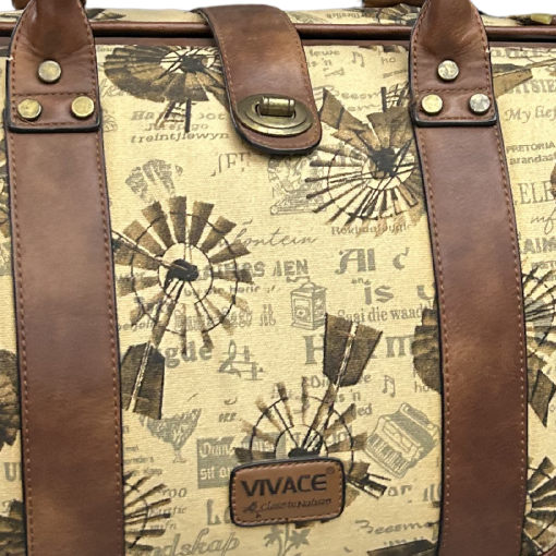 VIVACE TRAVEL BAG: BEIGE CANVAS AND LEATHER OVERNIGHT BAG WITH WINDMILLS DETAIL