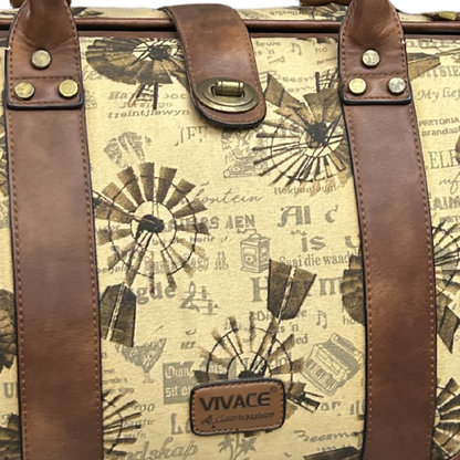 VIVACE TRAVEL BAG: BEIGE CANVAS AND LEATHER OVERNIGHT BAG WITH WINDMILLS DETAIL