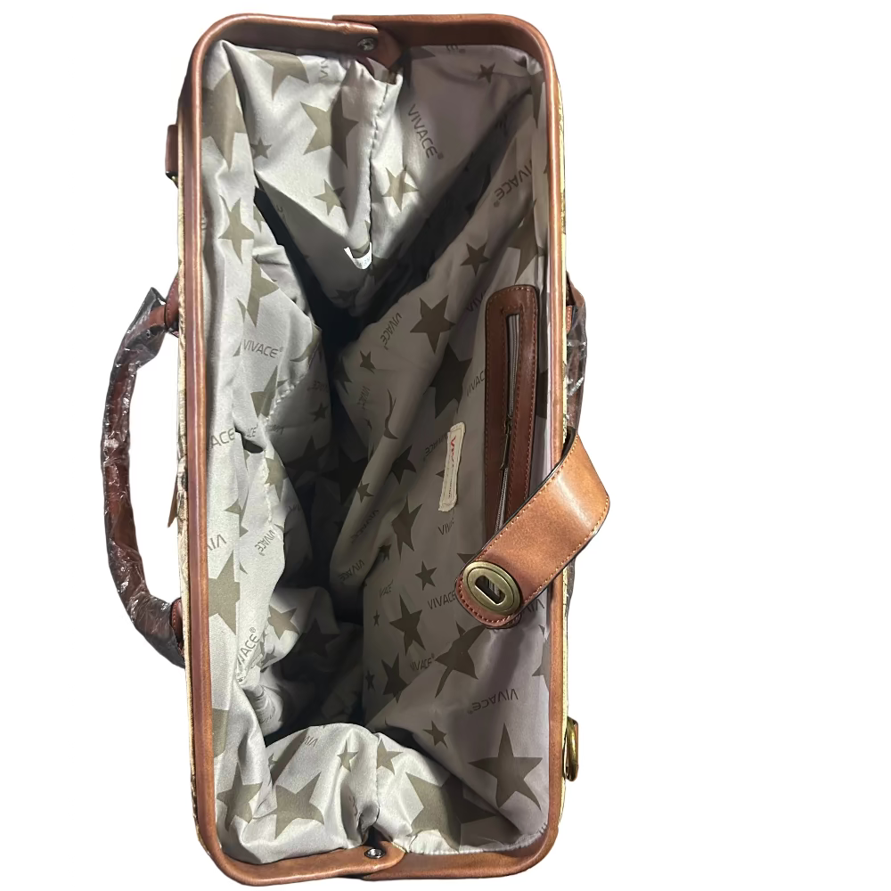 VIVACE TRAVEL BAG: BEIGE CANVAS AND LEATHER OVERNIGHT BAG WITH WINDMILLS OPEN