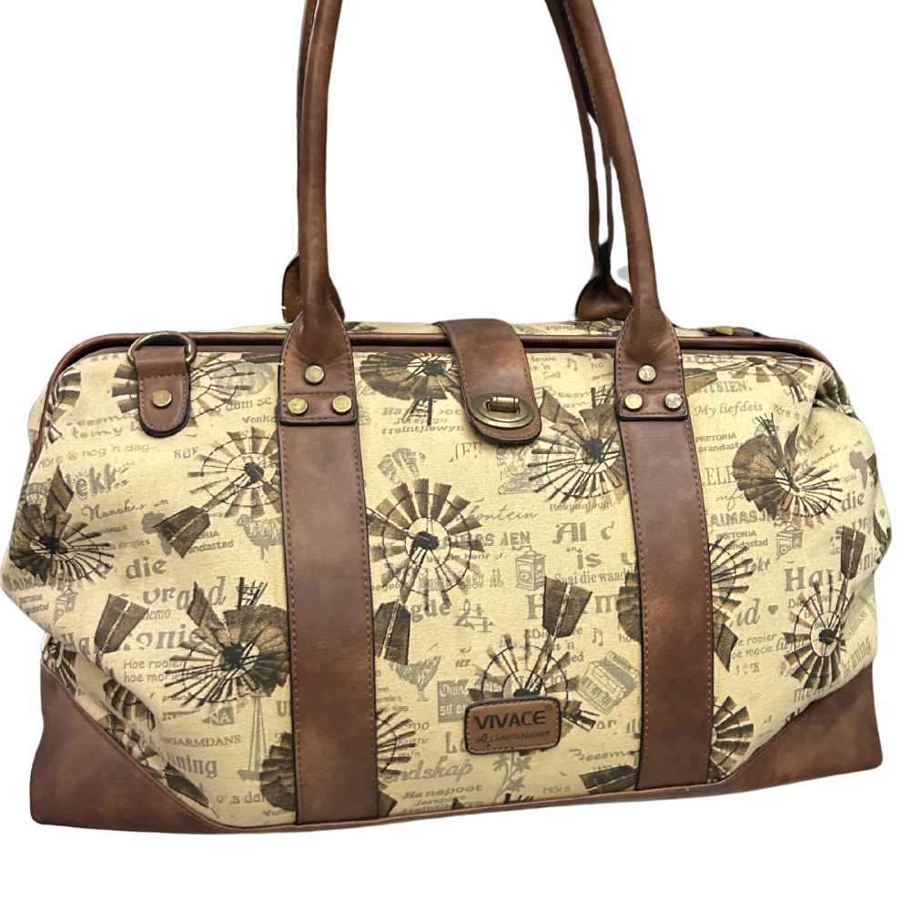 VIVACE TRAVEL BAG: BEIGE CANVAS AND LEATHER OVERNIGHT BAG WITH WINDMILLS OPEN FRONT VIEW