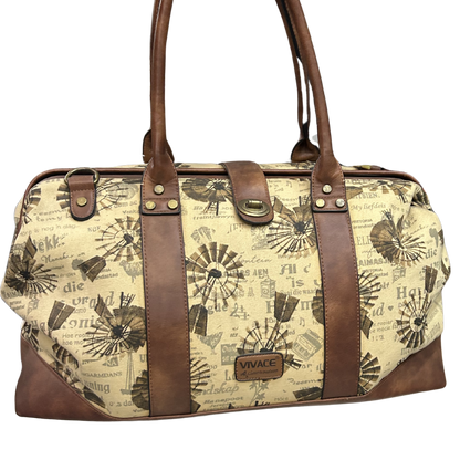 VIVACE TRAVEL BAG: BEIGE CANVAS AND LEATHER OVERNIGHT BAG WITH WINDMILLS OPEN FRONT VIEW