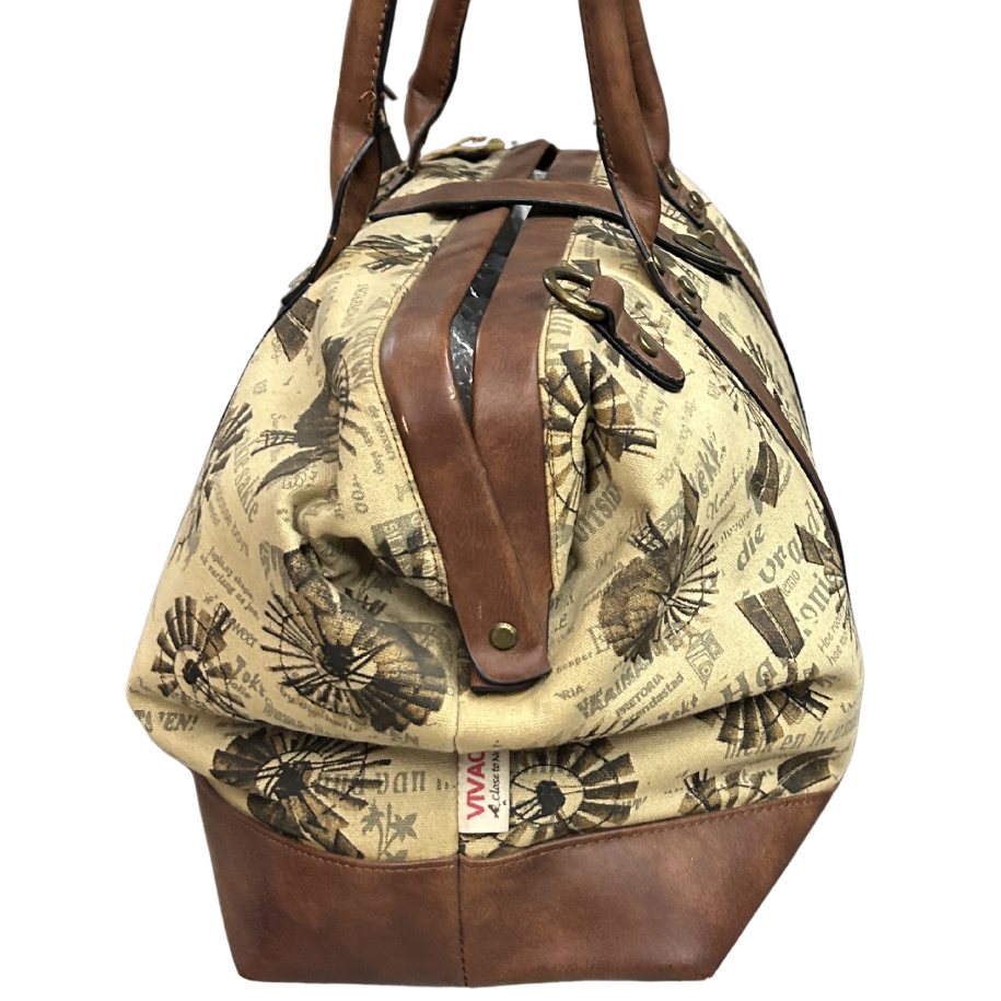 VIVACE TRAVEL BAG: BEIGE CANVAS AND LEATHER OVERNIGHT BAG WITH WINDMILLS SIDE VIEW