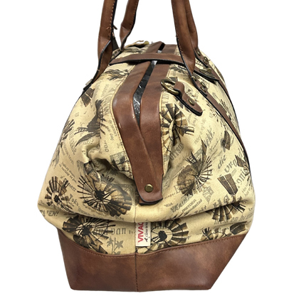 VIVACE TRAVEL BAG: BEIGE CANVAS AND LEATHER OVERNIGHT BAG WITH WINDMILLS SIDE VIEW