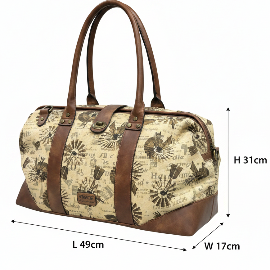 VIVACE TRAVEL BAG: BEIGE CANVAS AND LEATHER OVERNIGHT BAG WITH WINDMILLS size