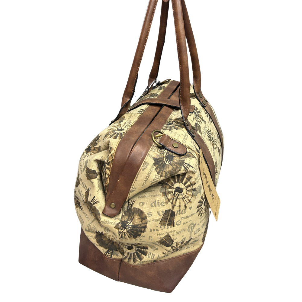 VIVACE TRAVEL BAG: BEIGE CANVAS AND LEATHER OVERNIGHT BAG WITH WINDMILLS WITH TAG