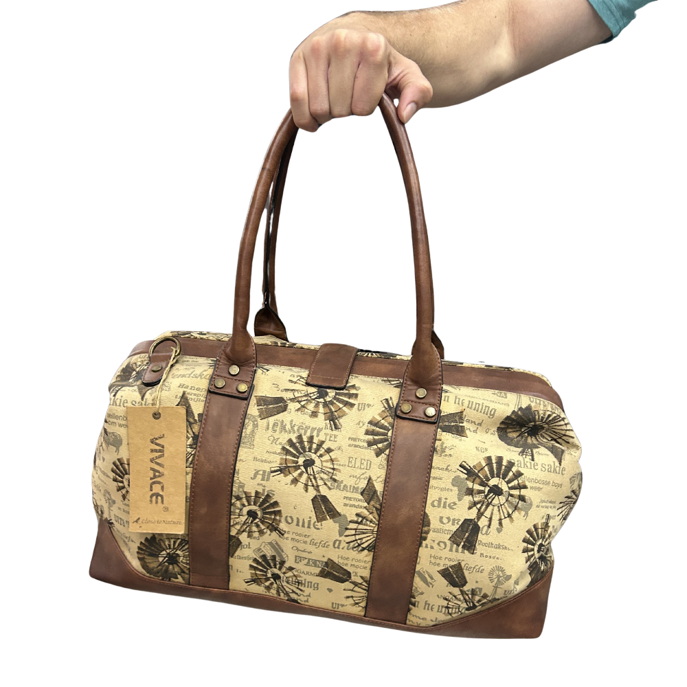 VIVACE TRAVEL BAG: BEIGE CANVAS AND LEATHER OVERNIGHT BAG WITH WINDMILLS IN HAND