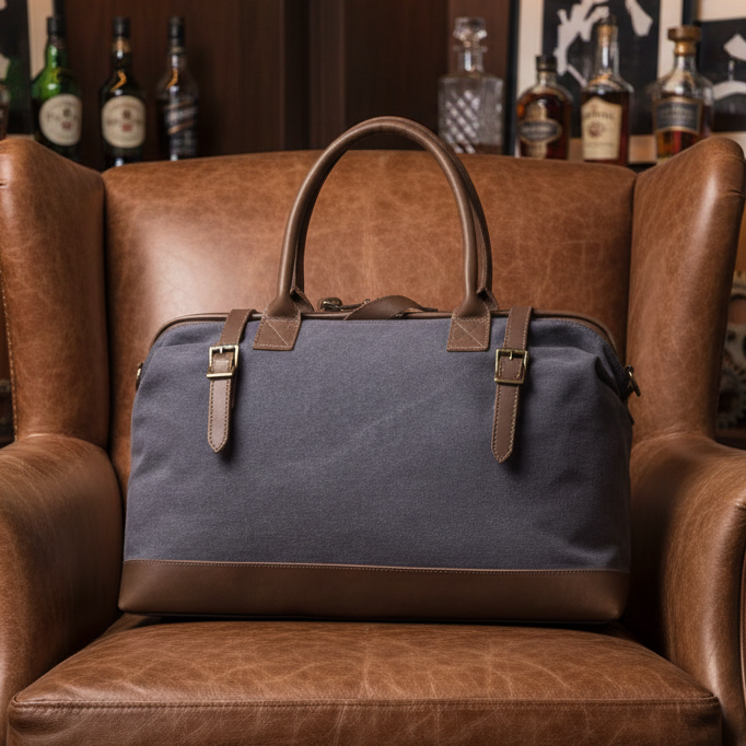VIVACE TRAVEL BAG: CHARCOAL CANVAS AND LEATHER OVERNIGHT BAG LIFESTYLE