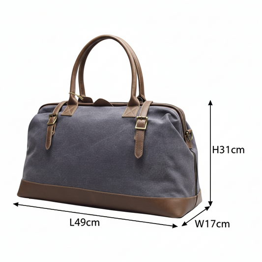 VIVACE TRAVEL BAG: CHARCOAL CANVAS AND LEATHER OVERNIGHT BAG SIZED