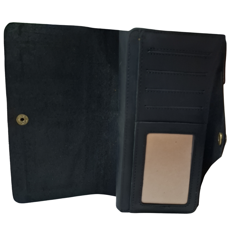 VIVACE WALLET: BLACK LARGE GENUINE LEATHER WALLET WITH CLIP OPEN