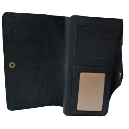 VIVACE WALLET: BLACK LARGE GENUINE LEATHER WALLET WITH CLIP OPEN
