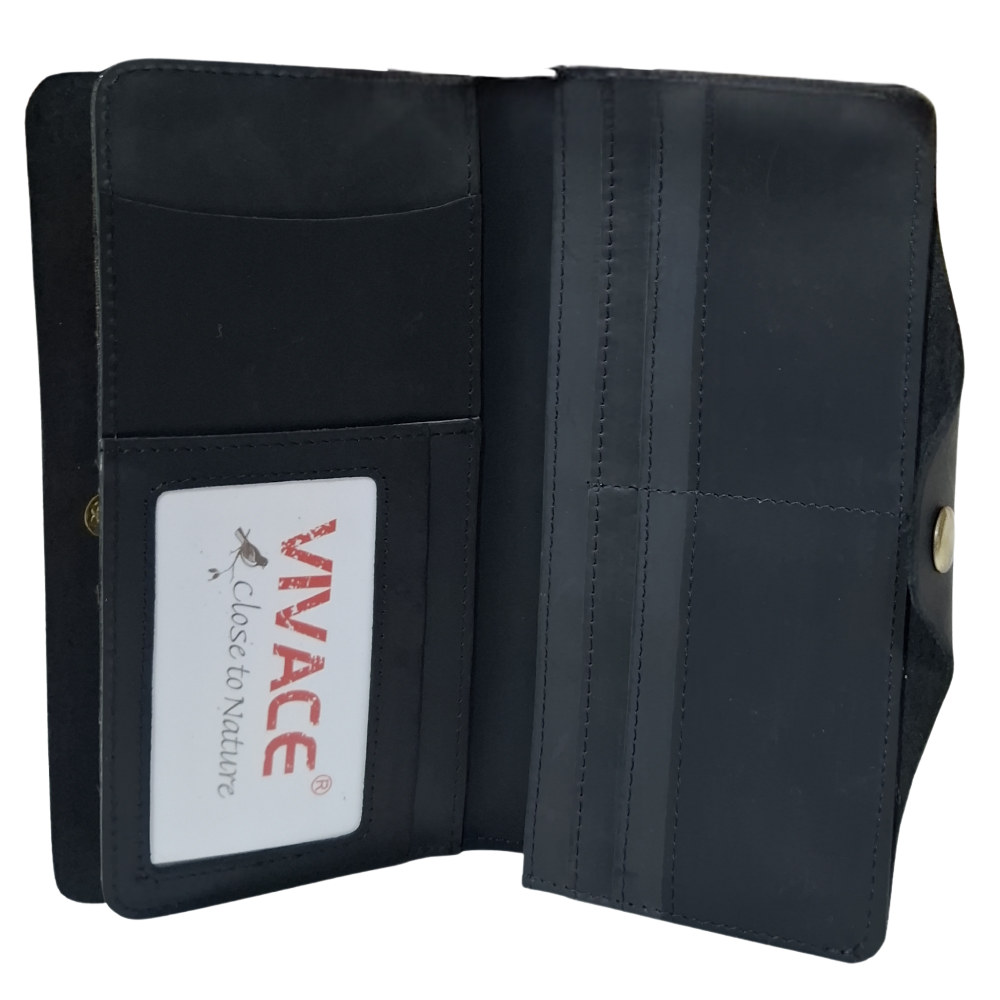 VIVACE WALLET: BLACK LARGE GENUINE LEATHER WALLET WITH CLIP OPEN VIEW