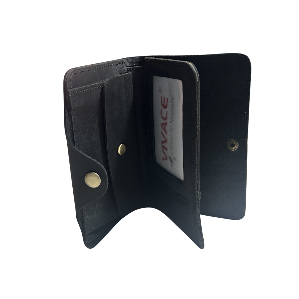 VIVACE WALLET: BLACK MEDIUM GENUINE LEATHER WALLET WITH CLIP COIN AND ID POCKETS