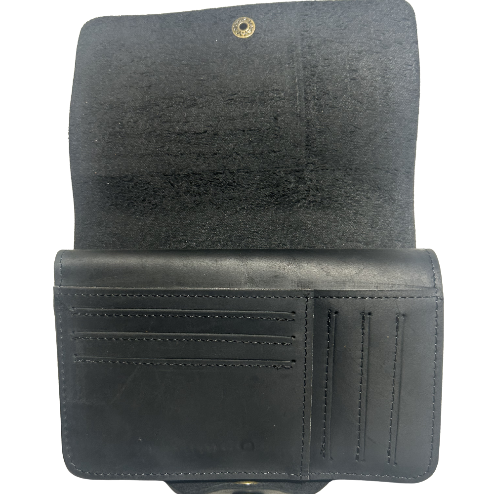 VIVACE WALLET: BLACK MEDIUM GENUINE LEATHER WALLET WITH CLIP FLAP OPEN