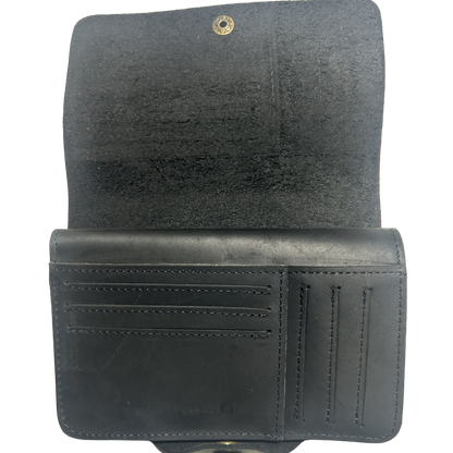 VIVACE WALLET: BLACK MEDIUM GENUINE LEATHER WALLET WITH CLIP FLAP OPEN