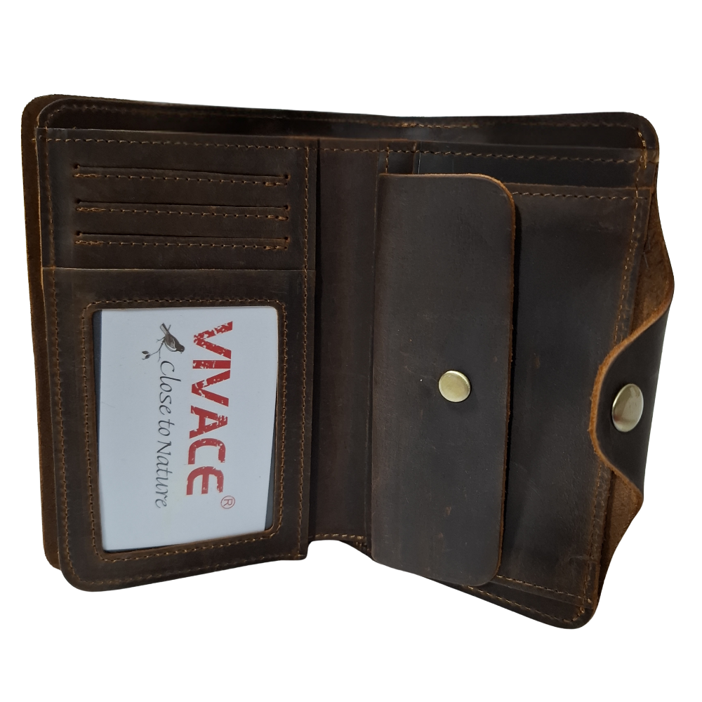 VIVACE WALLET: DARK COFFEE MEDIUM GENUINE LEATHER WALLET WITH CLIP OPEN COIN POCKET VIEW