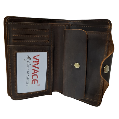VIVACE WALLET: DARK COFFEE MEDIUM GENUINE LEATHER WALLET WITH CLIP OPEN COIN POCKET VIEW