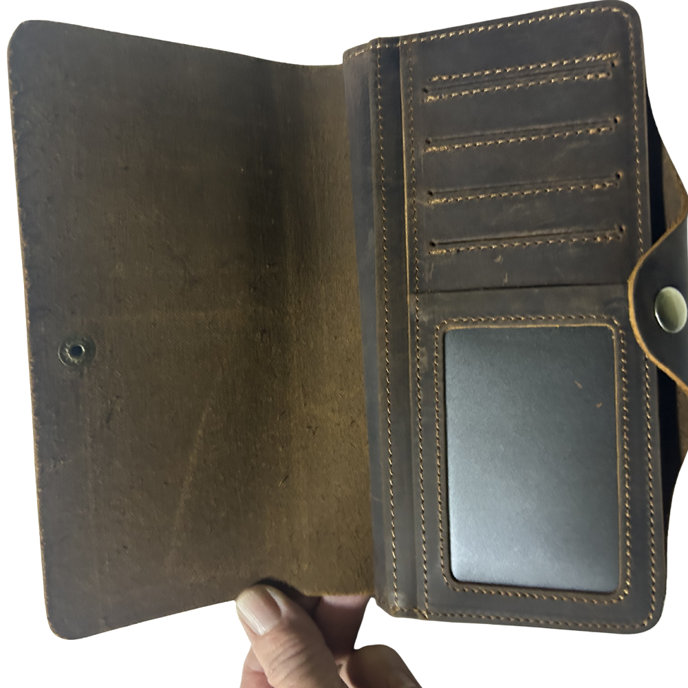 VIVACE WALLET: D COFFEE LARGE GENUINE LEATHER WALLET WITH CLIP OPEN VIEW