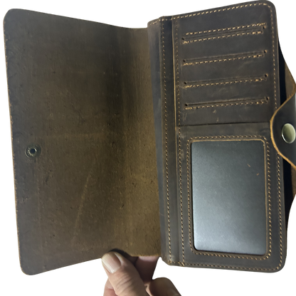 VIVACE WALLET: D COFFEE LARGE GENUINE LEATHER WALLET WITH CLIP OPEN VIEW