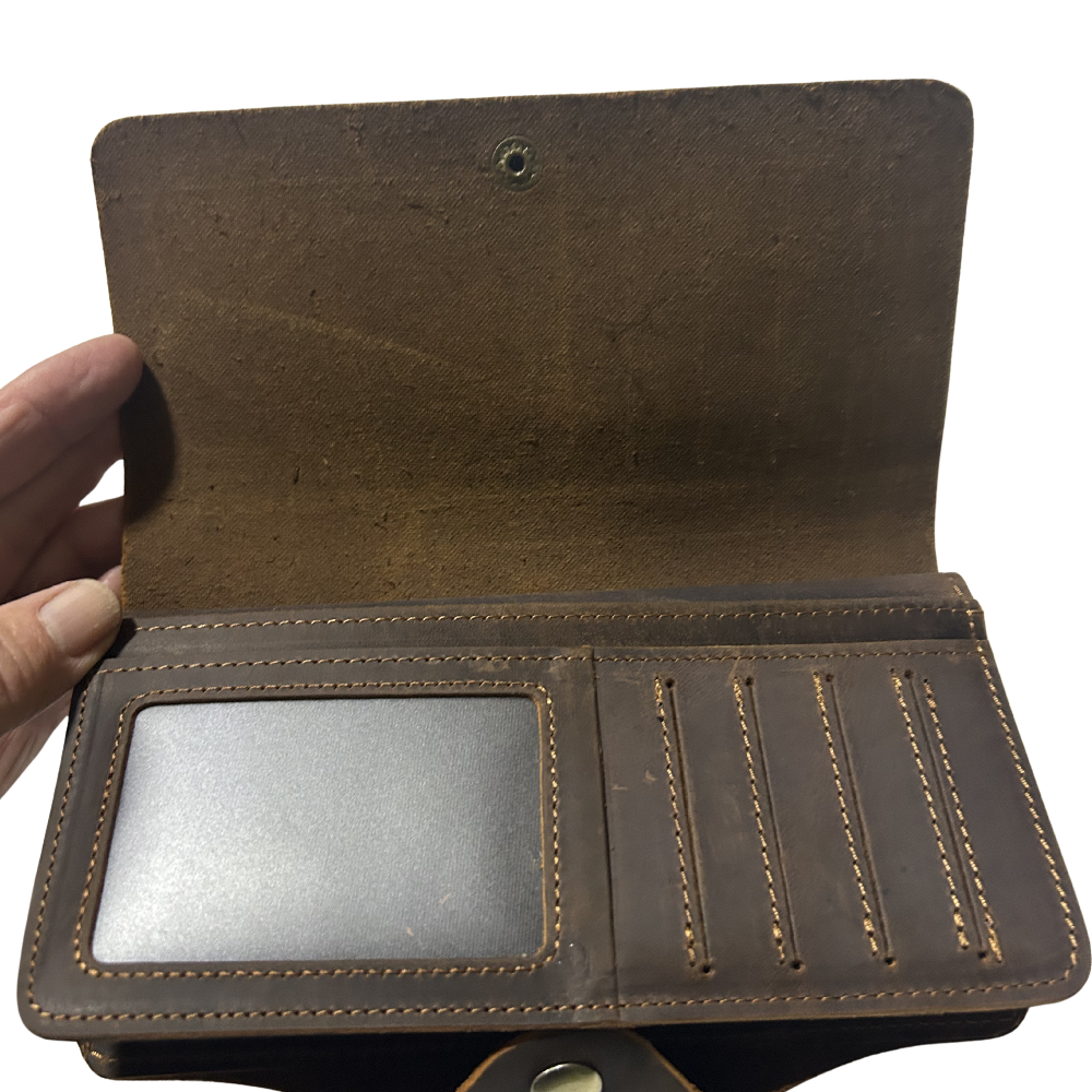 VIVACE WALLET: D COFFEE LARGE GENUINE LEATHER WALLET WITH CLIP OPEN VIEW