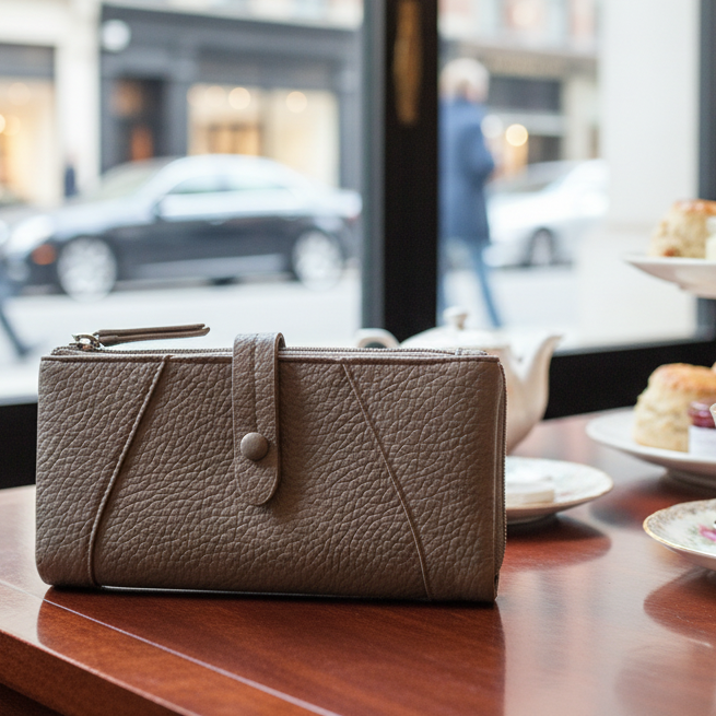 VIVACE WALLET:  KHAKI LARGE Soft PU Leather Tectured Purse HERO