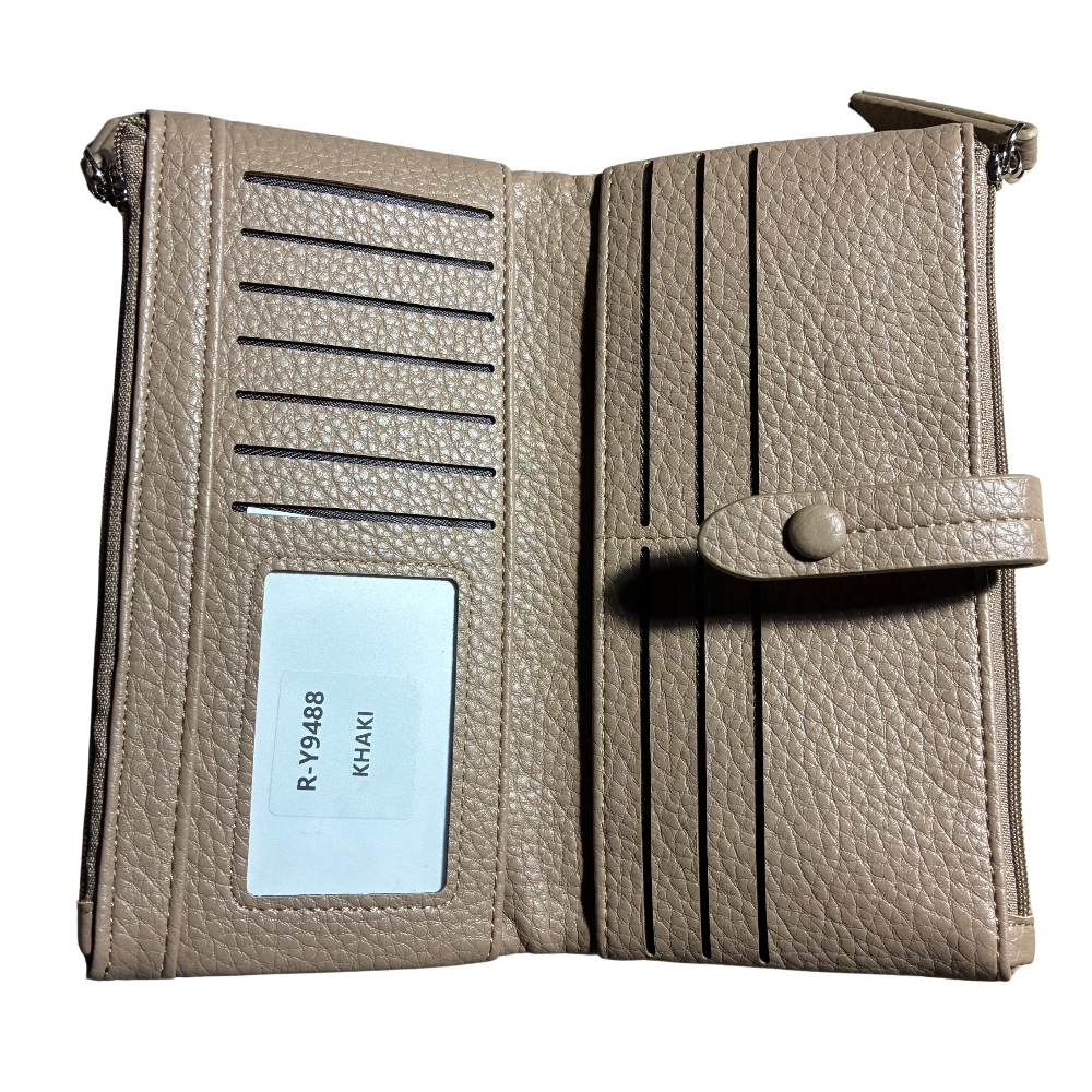 VIVACE WALLET:  KHAKI LARGE Soft PU Leather Tectured Purse OPEN VIEW