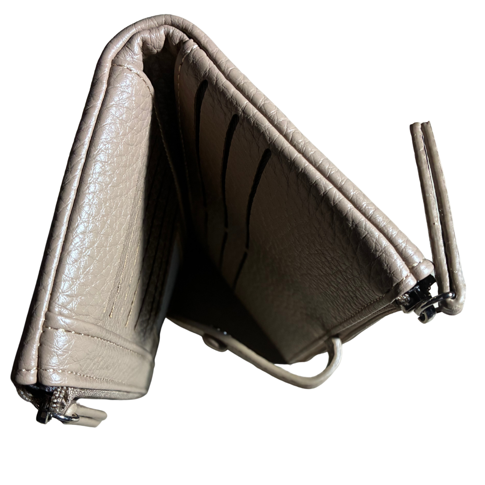 VIVACE WALLET:  KHAKI LARGE Soft PU Leather Tectured Purse TOP OPEN