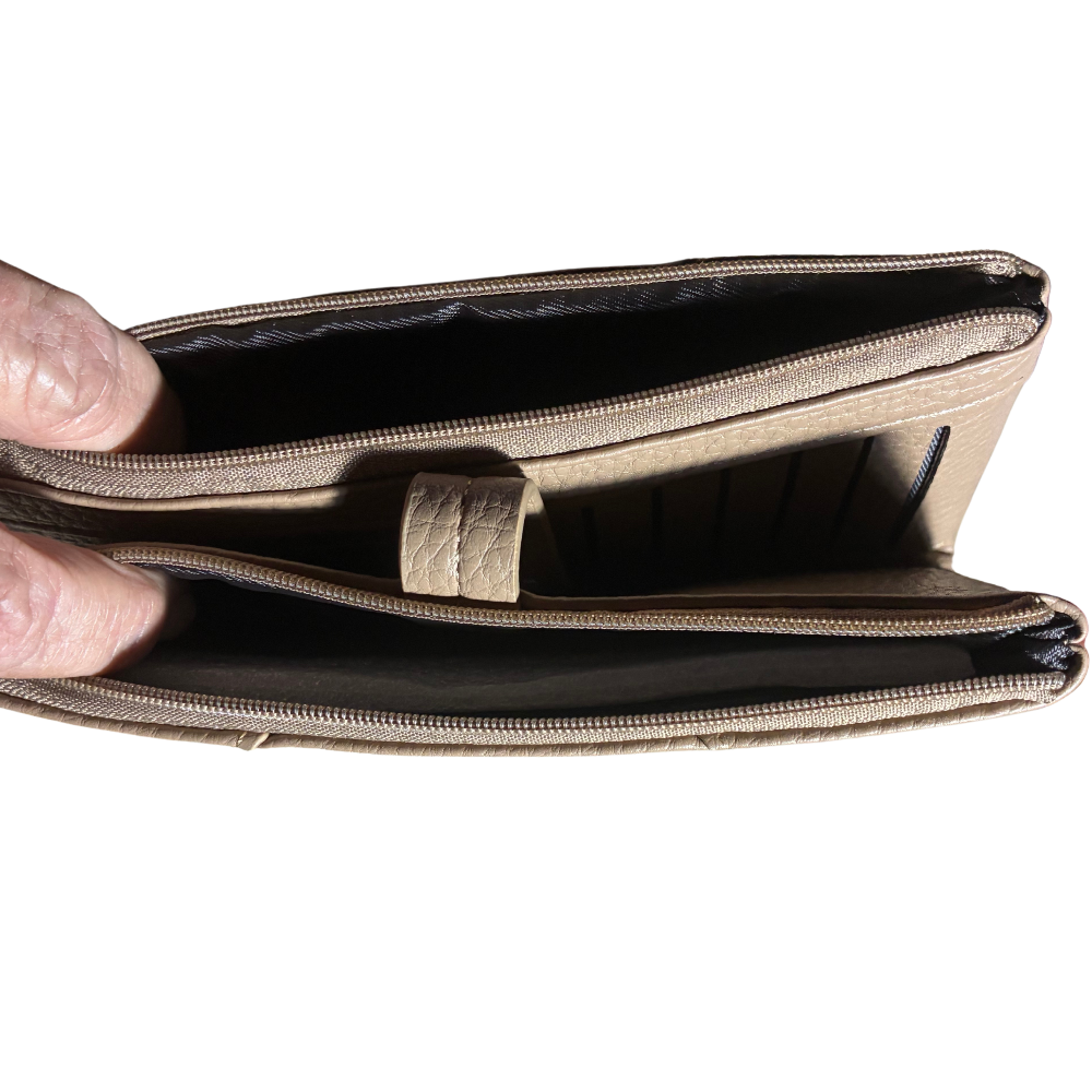 VIVACE WALLET:  KHAKI LARGE Soft PU Leather Tectured Purse TWIN ZIPPED POCKETS OPEN
