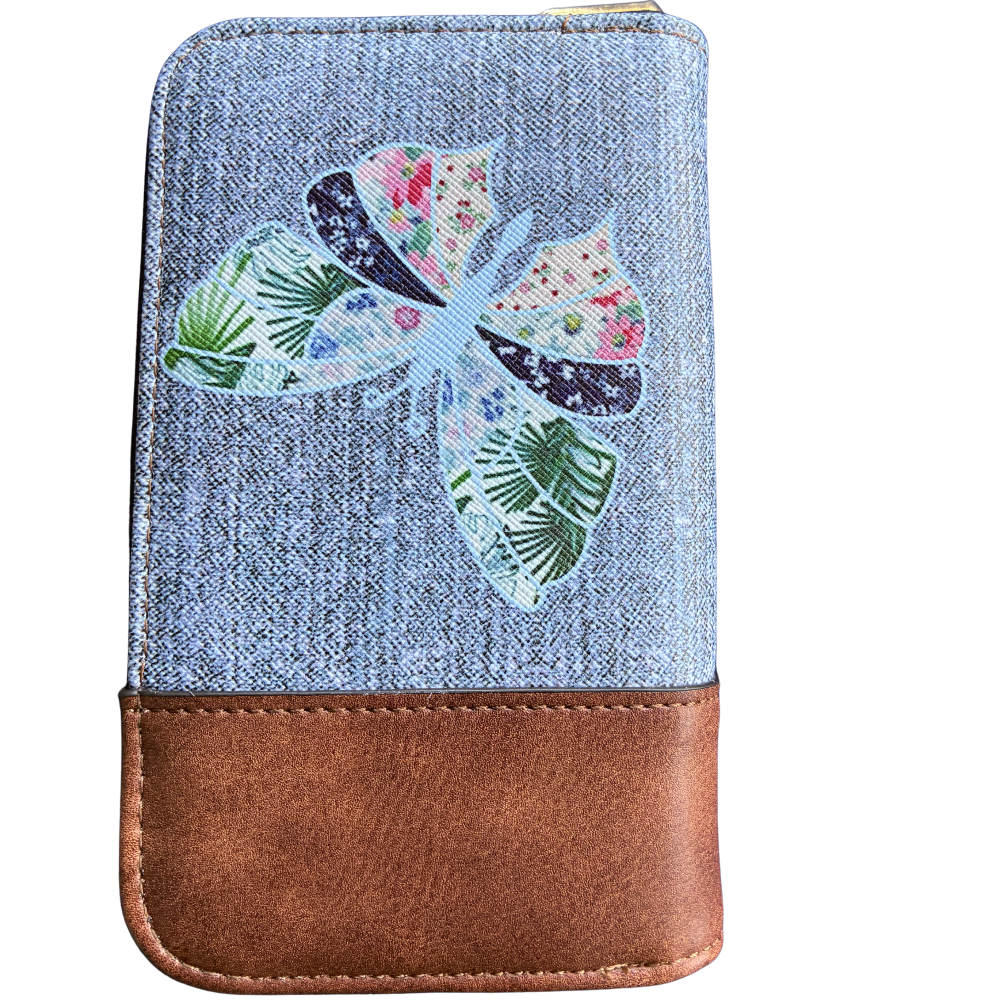 VIVACE WALLET: Medium Blue and Brown Leather wallet with BUTTERFLY Motif BACK